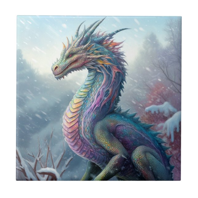 Rainbow Dragon In The Snow Fantasy Art Tile (Front)