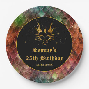Rainbow Dragon Scales Gold Faux Glitter Birthday Paper Plate