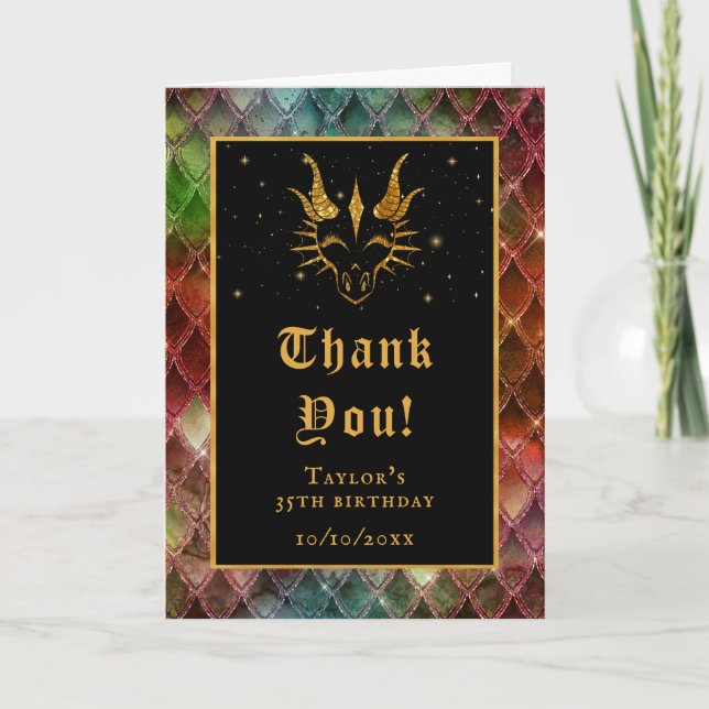 Rainbow Dragon Scales Gold Faux Glitter Birthday Thank You Card (Front)