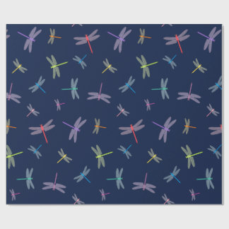 Rainbow Dragonflies on Midnight Blue Wrapping Paper