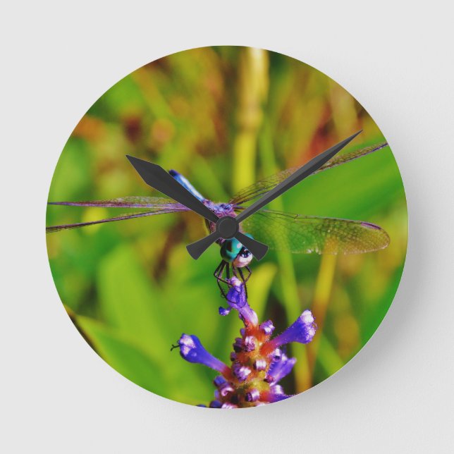 Rainbow Dragonfly and flower Round Clock (Front)