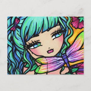 Rainbow Dragonfly Flower Fairy Fantasy Postcard