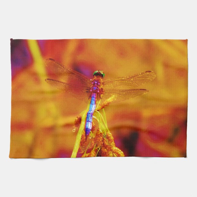 Rainbow Dragonfly on amber and fuschia Kitchen Towel (Horizontal)