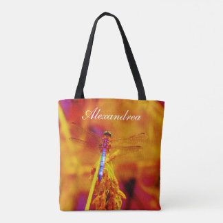 Rainbow Dragonfly  Orange pink background  w/ Name Tote Bag