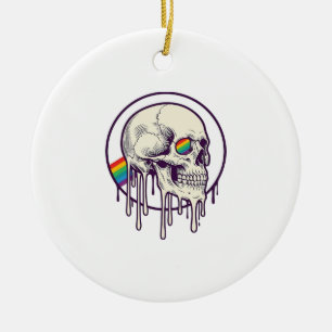 Rainbow Dripping Skull Vintage Engraving Design_1 Ceramic Ornament