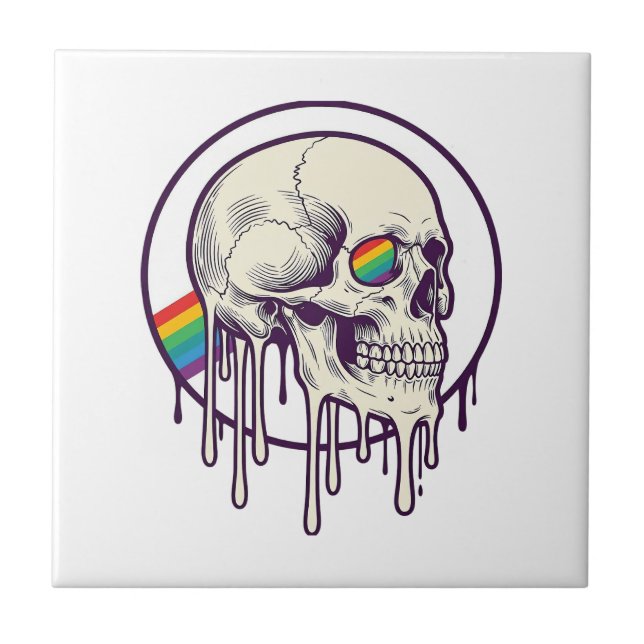 Rainbow Dripping Skull Vintage Engraving Design_1 Tile (Front)