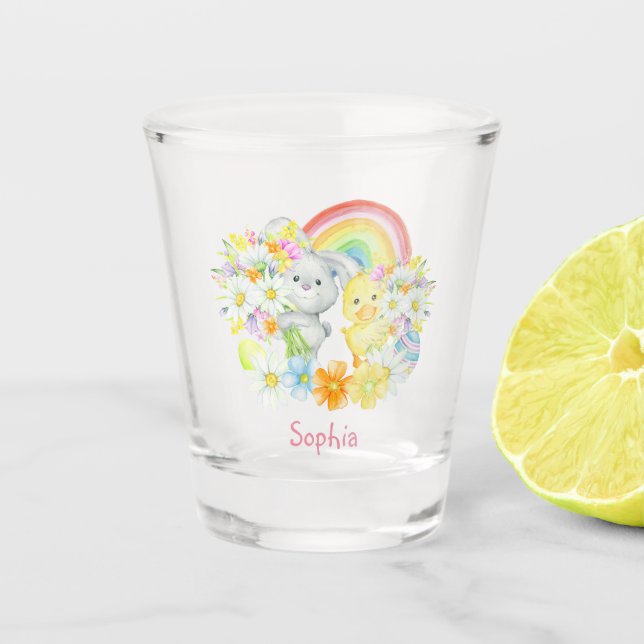 Rainbow Easter Bunny and Chick Shot Glass (Front)