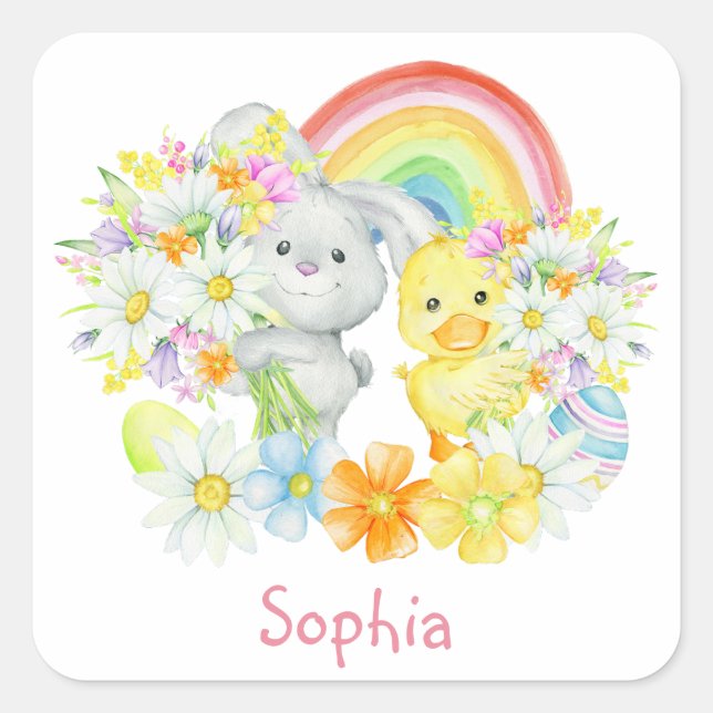 Rainbow Easter Bunny and Chick Square Sticker (Front)