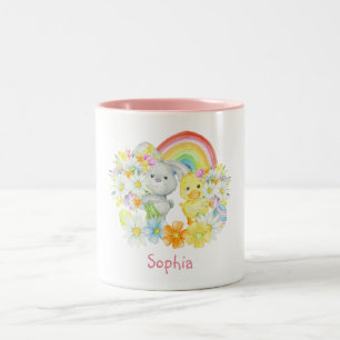 Rainbow Easter Bunny and Chick Two-Tone Coffee Mug