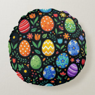 Rainbow Easter Eggs & Flowers Round Pillow