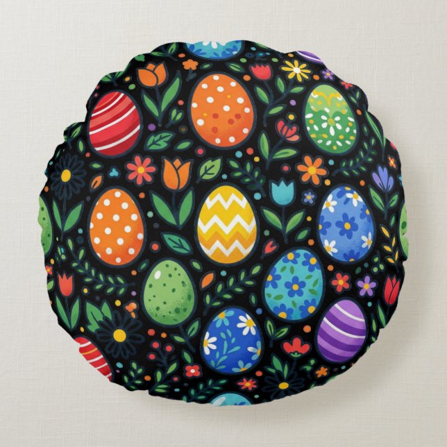 Rainbow Easter Eggs & Flowers Round Pillow (Front)