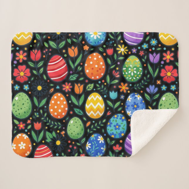Rainbow Easter Eggs & Flowers Sherpa Blanket (Front (Horizontal))