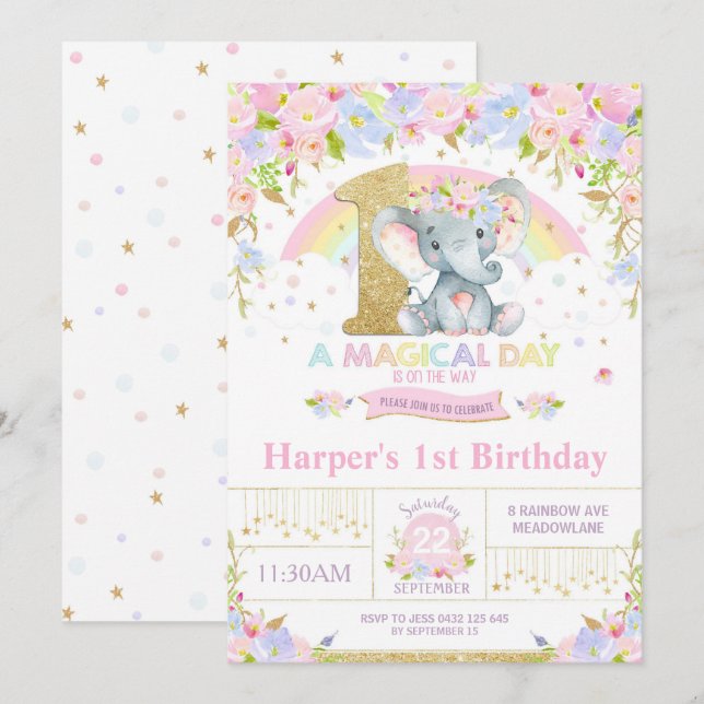 Rainbow Elephant 1st Birthday Invitation Girl (Front/Back)