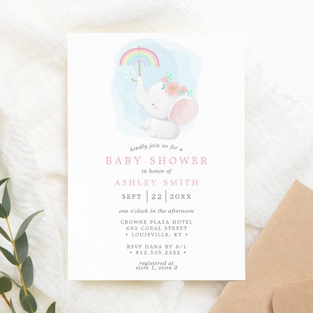 Rainbow Elephant Watercolor Girl Baby Shower Invitation (Creator Uploaded)