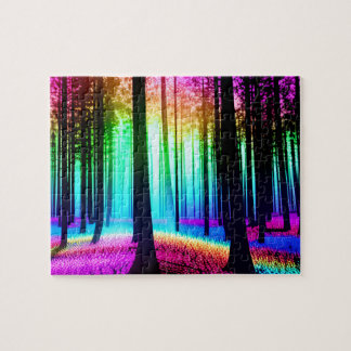 Rainbow Enchanted Forest and Black Tree Silhouette Jigsaw Puzzle