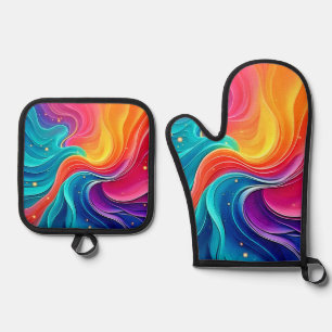 Rainbow Energy Swirl: Vibrant Flow Art Oven Mitt & Pot Holder Set