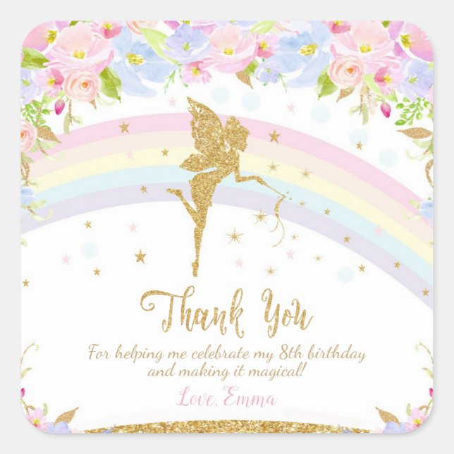 Rainbow Fairy Birthday Party Thank You Favour Square Sticker (Front)
