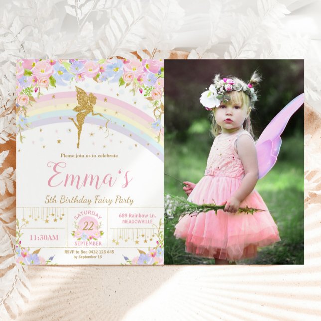 Rainbow Fairy Floral Birthday Party Photo Picture Invitation (Creator Uploaded)
