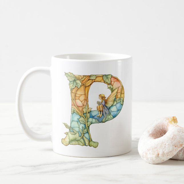 Rainbow Fairy Initial 'P' Coffee Mug (With Donut)