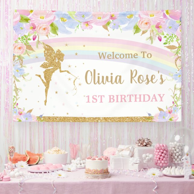 Rainbow Fairy Pink Blue Floral Birthday Backdrop Banner (Party)