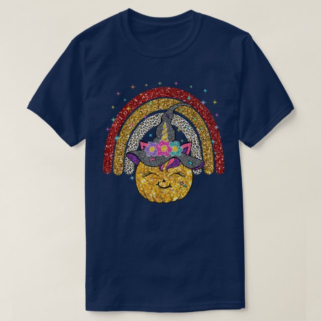 Rainbow Fall Halloween Pumpkin Witch Unicorn Girls T-Shirt (Design Front)
