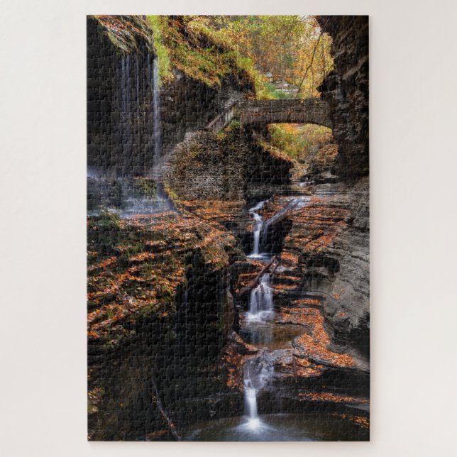 Rainbow Falls in Watkins Glen with Autumn Foliage Jigsaw Puzzle (Vertical)