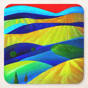 Rainbow Fantasy Hills Landscape Square Paper Coaster