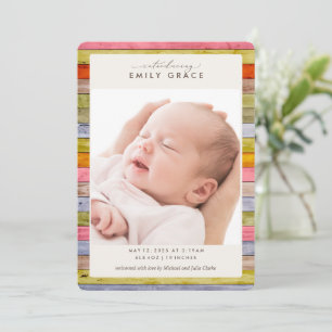 Rainbow Farmhouse Woodgrain Birth Announcement