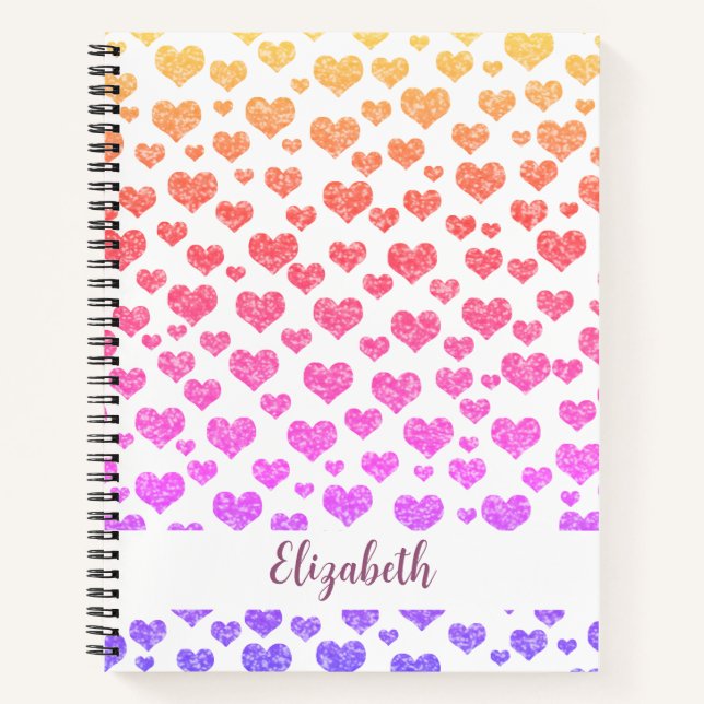 Rainbow Faux Glitter Hearts Bright Colourful Custo Notebook (Front)
