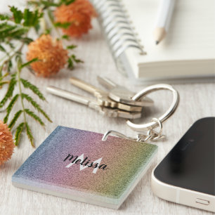 Rainbow Faux Glitter Pattern Initial Keychain