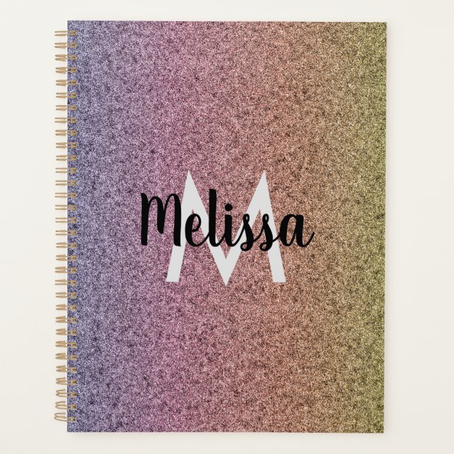 Rainbow Faux Glitter Pattern Initial   Planner (Front)