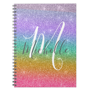 Rainbow Faux Glitter Personalized Monogram Name Notebook