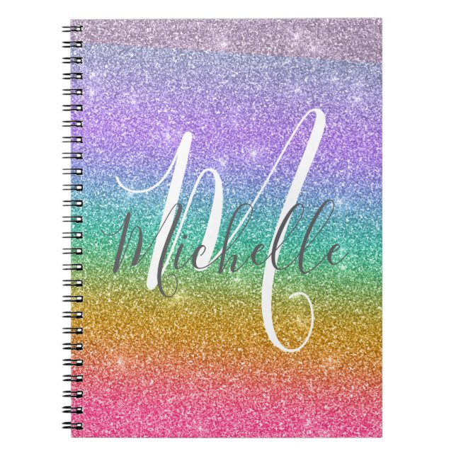 Rainbow Faux Glitter Personalized Monogram Name Notebook (Front)