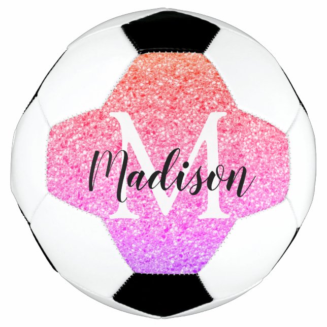 Rainbow Faux Glitter Script Monogram Personalized  Soccer Ball (Front)