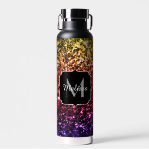 Rainbow faux glitter sparkles colourful Monogram Water Bottle