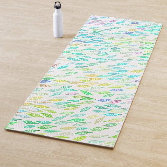 Rainbow Feather Leaves Watercolor Pattern Yoga Mat (In Situ)