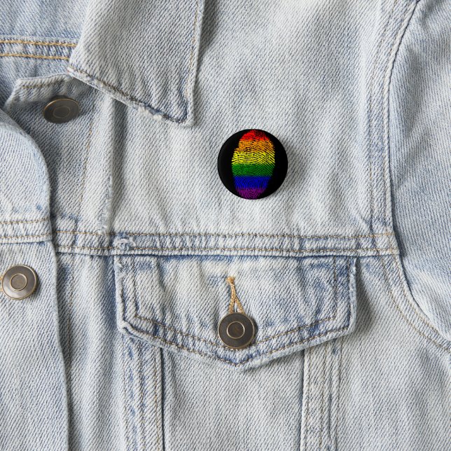 Rainbow Fingerprint LGBT Pride pin button (In Situ)