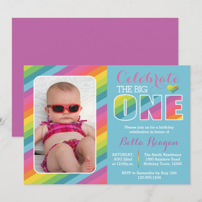 Rainbow First Birthday Party Photo Invitation (Front/Back)