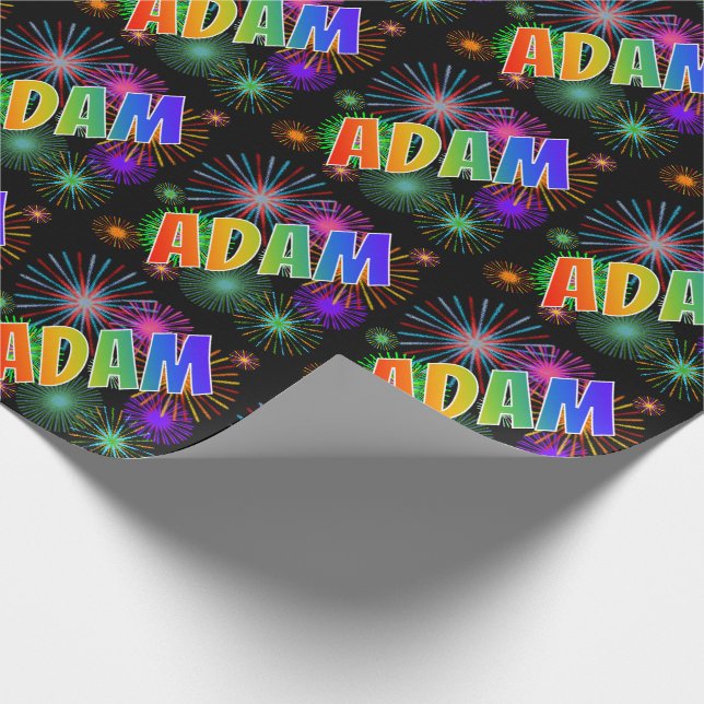 Rainbow First Name "ADAM" + Fireworks Wrapping Paper (Corner)