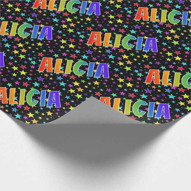 Rainbow First Name "ALICIA" + Stars Wrapping Paper (Corner)