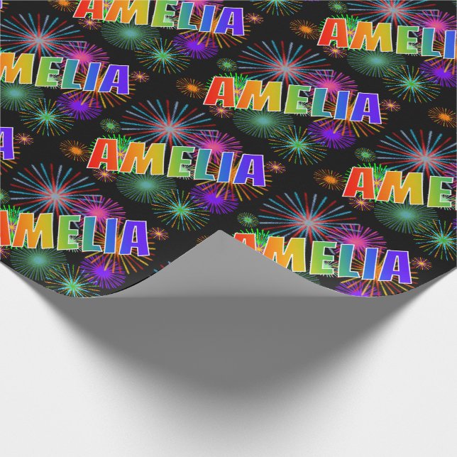 Rainbow First Name "AMELIA" + Fireworks Wrapping Paper (Corner)