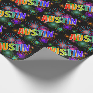 Rainbow First Name "AUSTIN" + Fireworks Wrapping Paper