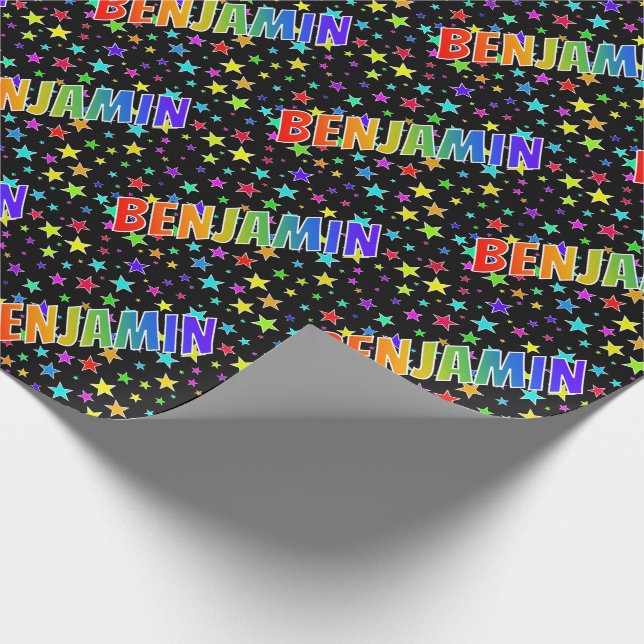Rainbow First Name "BENJAMIN" + Stars Wrapping Paper (Corner)