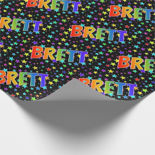 Rainbow First Name "BRETT" + Stars Wrapping Paper (Corner)