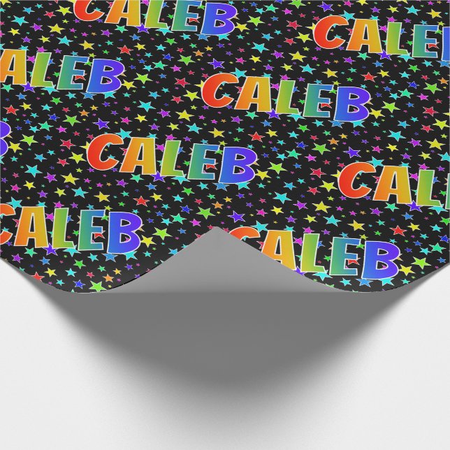 Rainbow First Name "CALEB" + Stars Wrapping Paper (Corner)