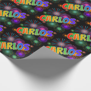 Rainbow First Name "CARLOS" + Fireworks Wrapping Paper