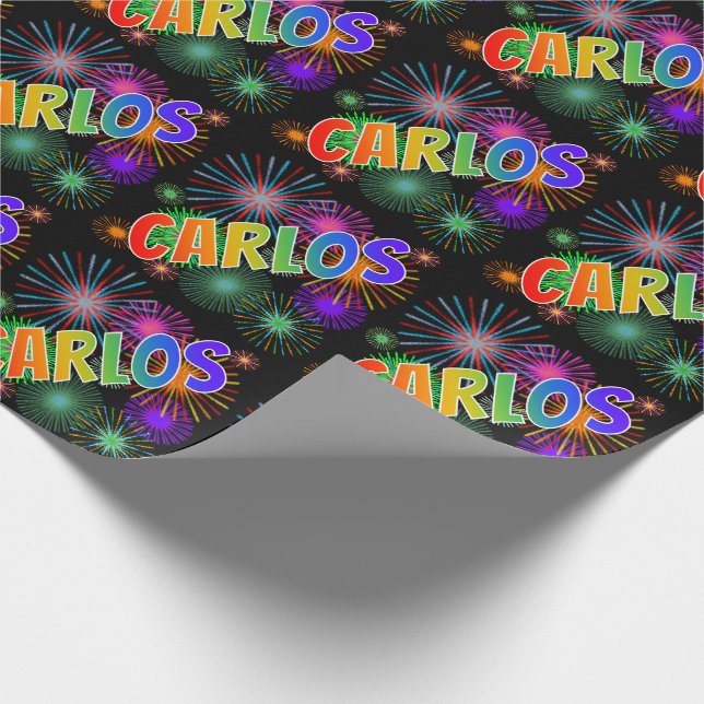 Rainbow First Name "CARLOS" + Fireworks Wrapping Paper (Corner)