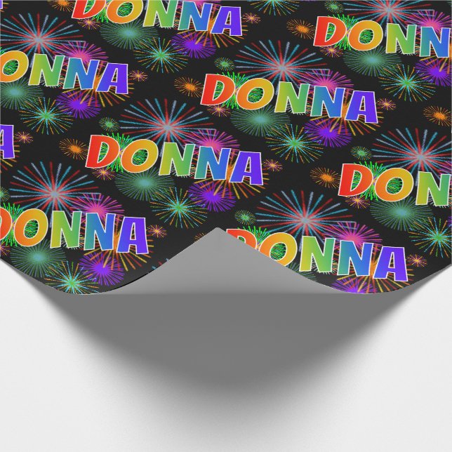 Rainbow First Name "DONNA" + Fireworks Wrapping Paper (Corner)