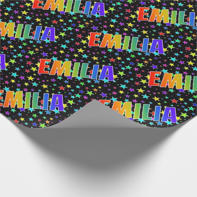 Rainbow First Name "EMILIA" + Stars Wrapping Paper (Corner)