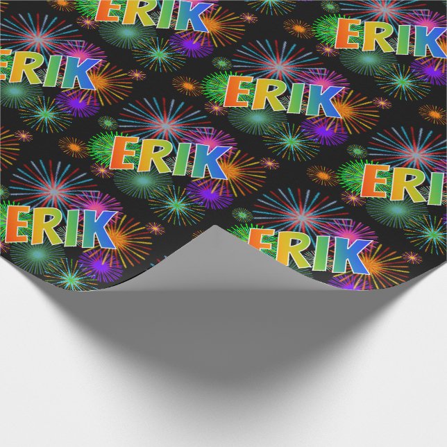 Rainbow First Name "ERIK" + Fireworks Wrapping Paper (Corner)